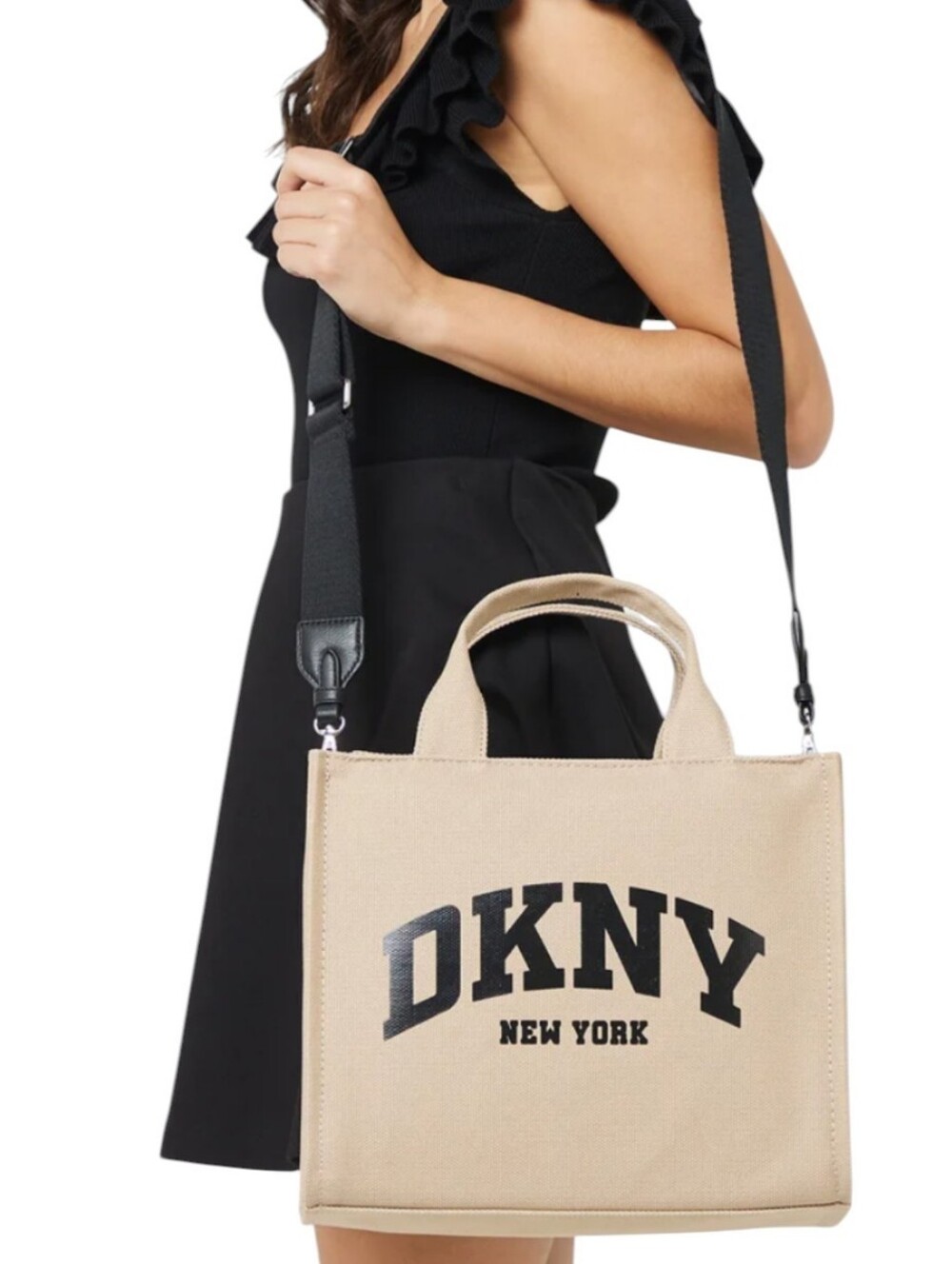 DKNY Hadlee Medium Beige Canvas Monogram Tote with Black Logo W Wallet Set